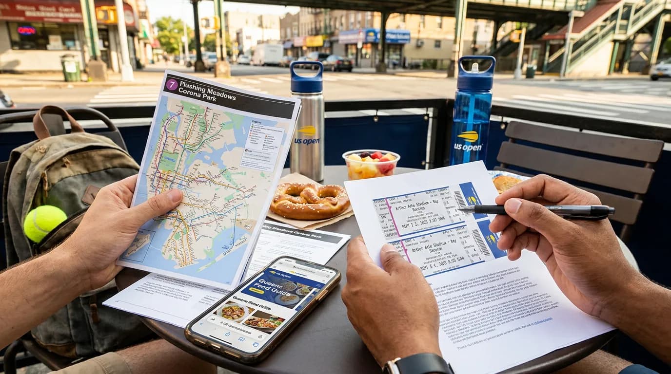 Photorealistic tennis scene illustrating How to Build a Two-Match US Open Itinerary.