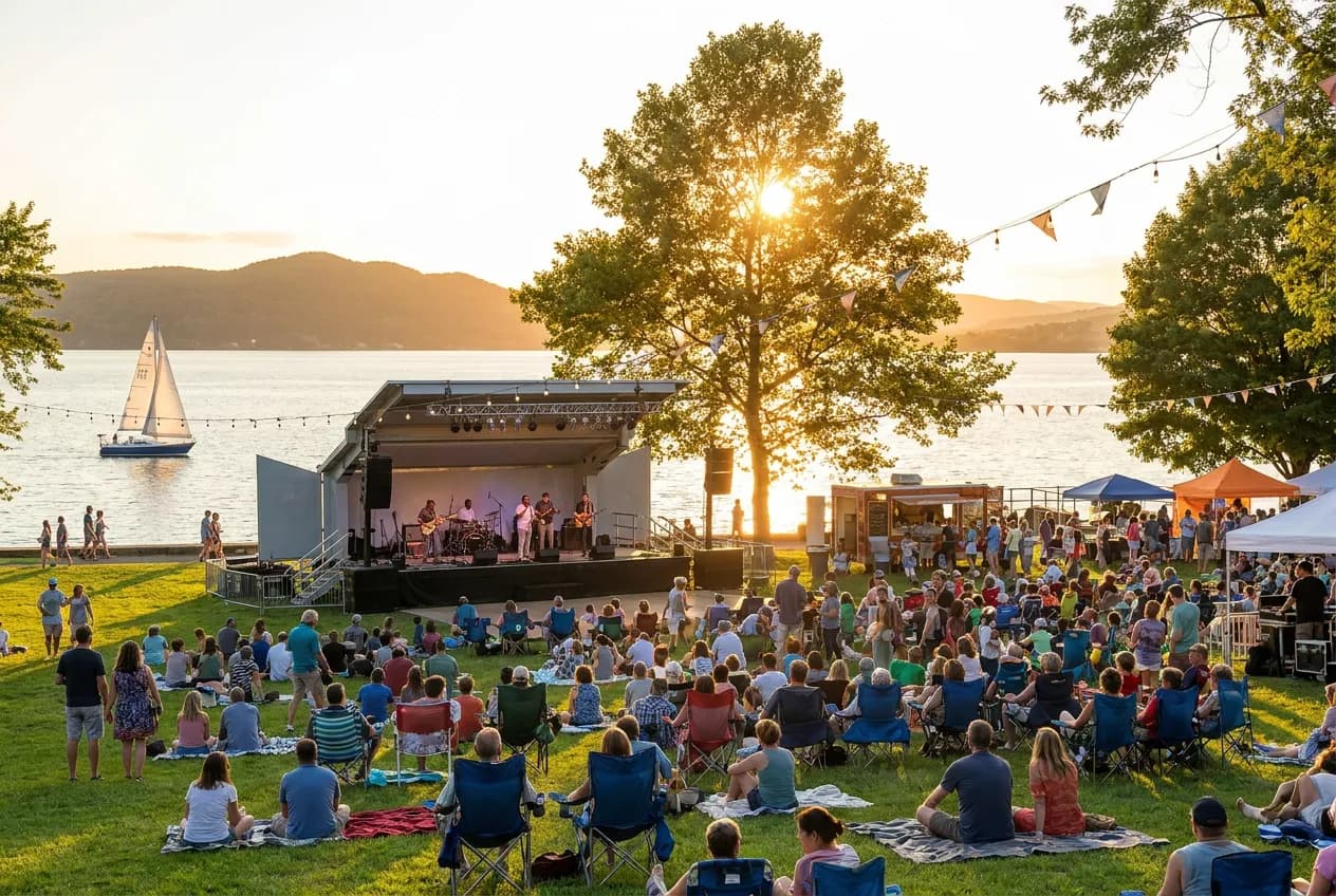 An outdoor summer music festival on a riverside park lawn beside the Hudson River, a stage and a relaxed crowd on blankets at early evening