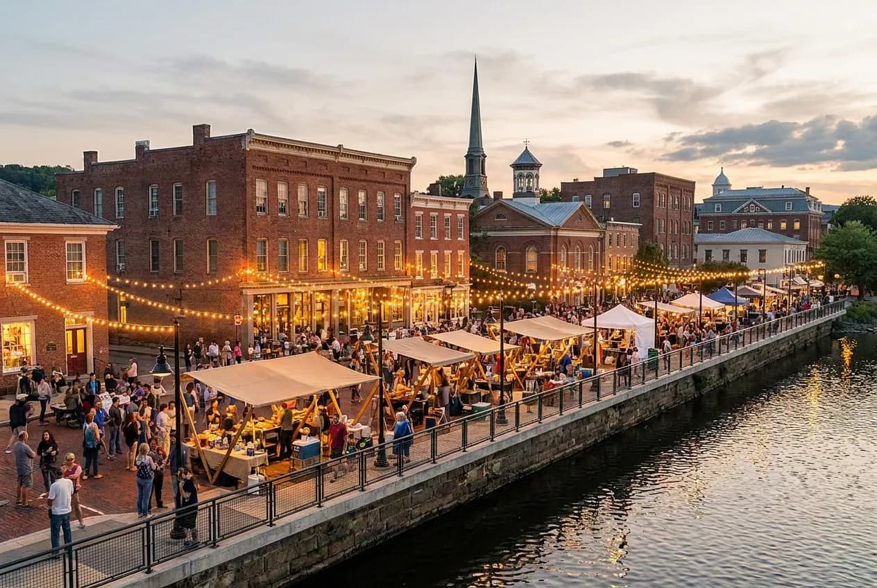A waterfront festival at dusk with string lights and a gathered crowd in a historic riverfront town