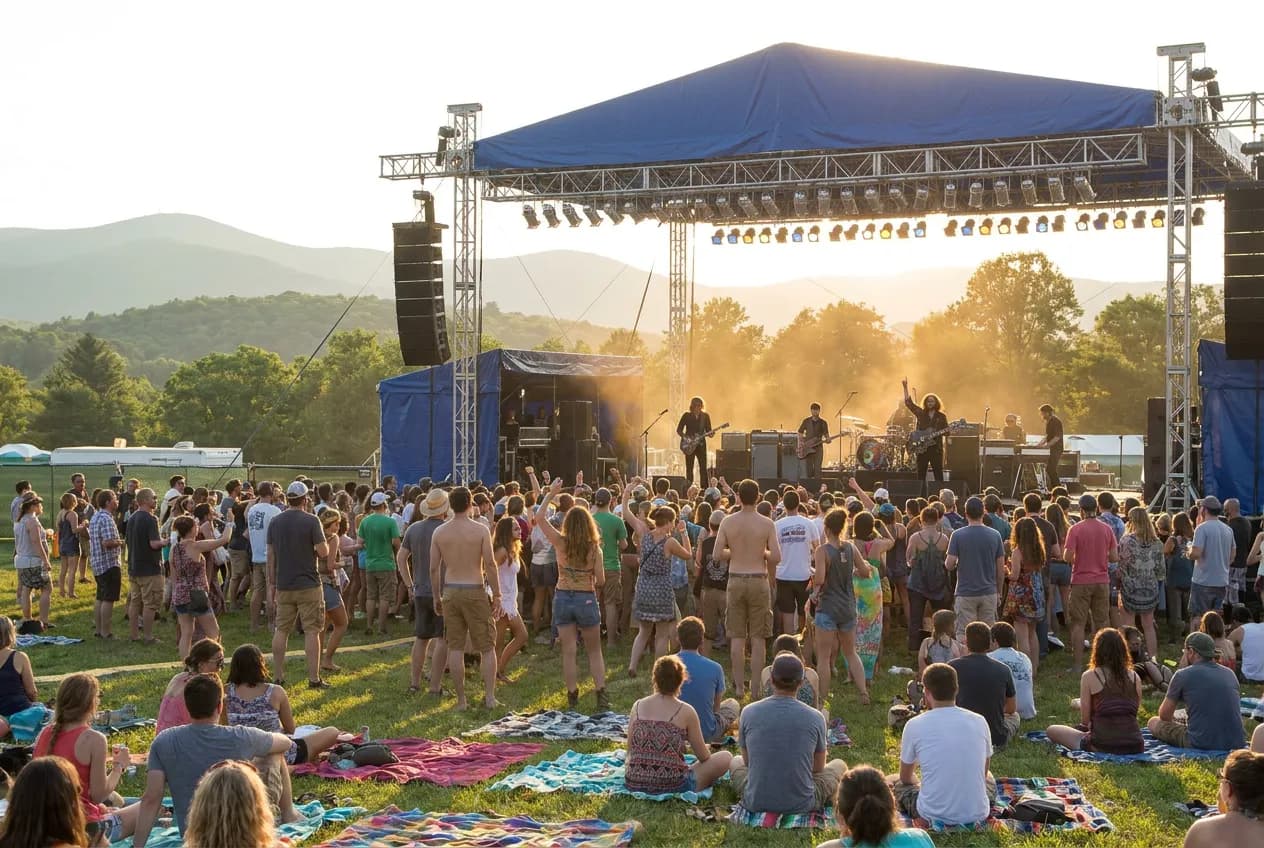 A Hudson Valley summer music festival with an audience standing and on blankets in front of an open-air stage at golden hour