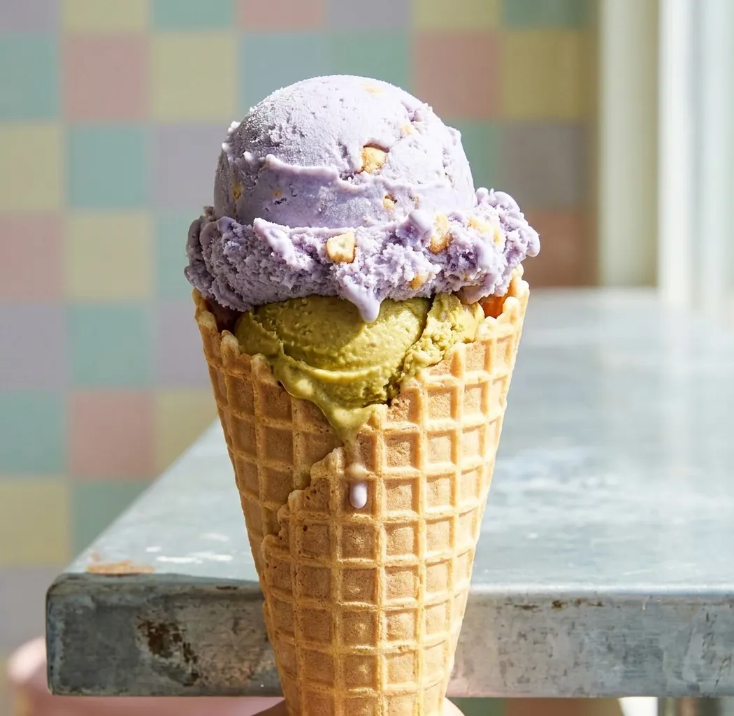 Two hand-packed scoops on a waffle cone held over a zinc counter at a Los Angeles ice cream shop