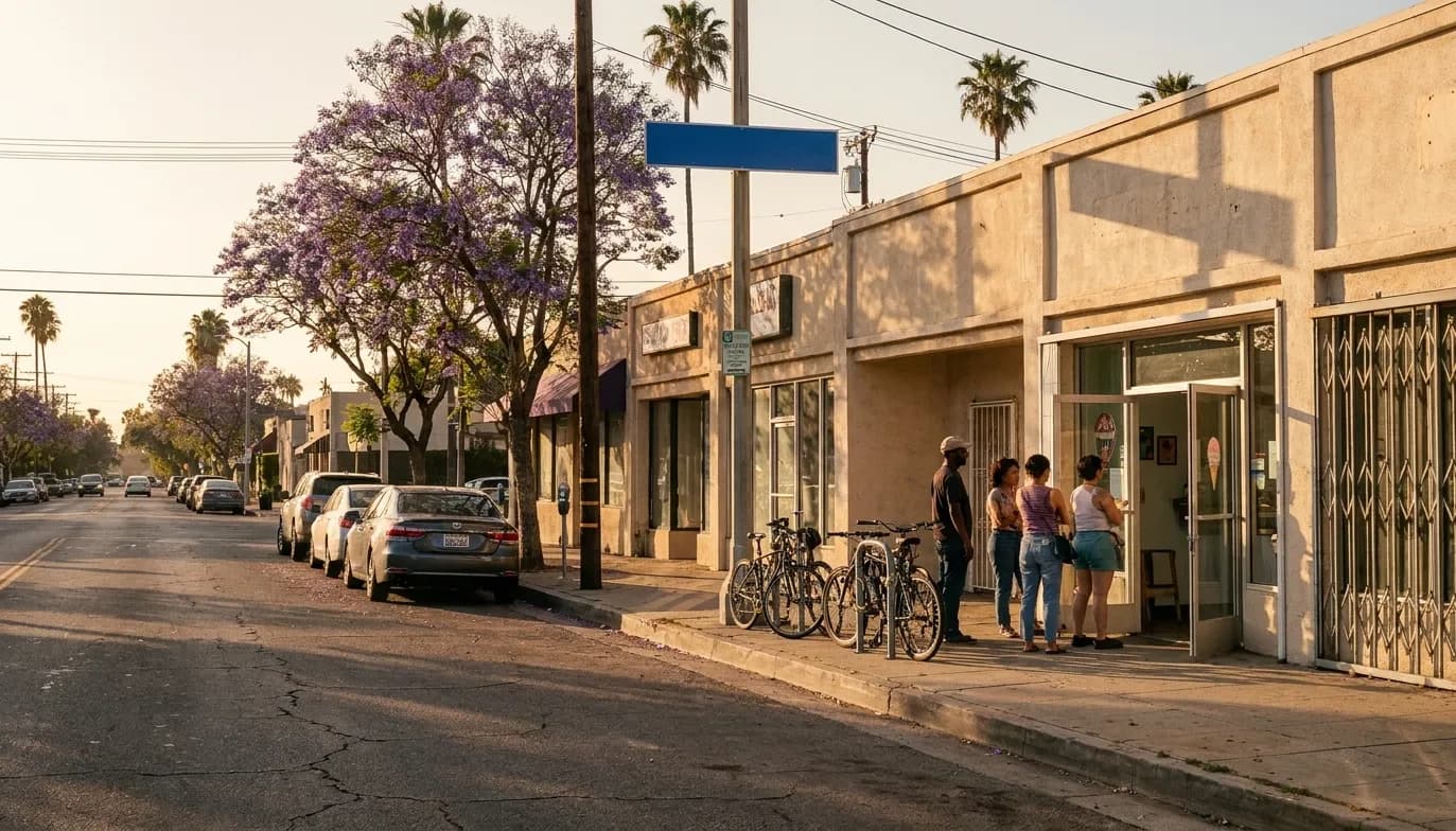 Golden-hour light on a low-rise Atwater Village commercial strip in Los Angeles with a small queue outside an ice cream shop