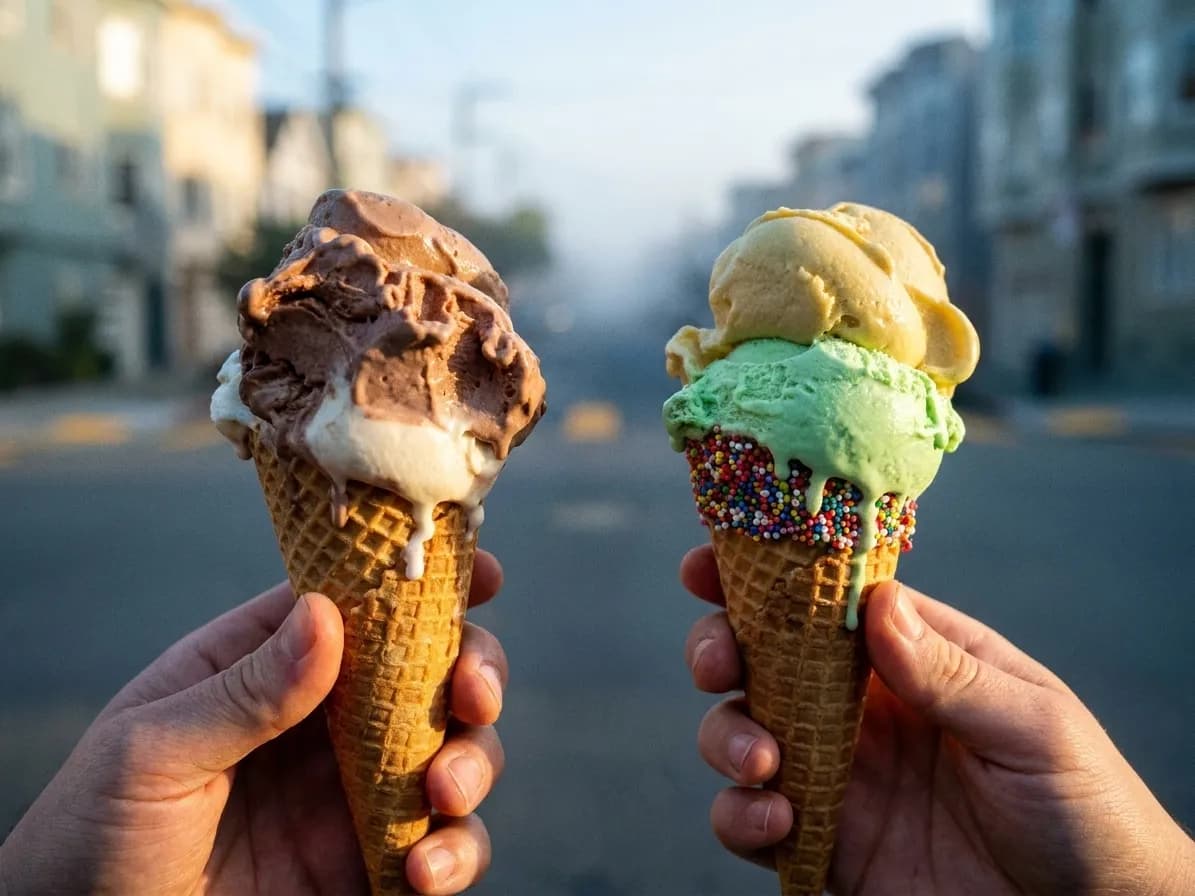 Two hand-packed ice cream cones held up against a foggy residential street at golden hour