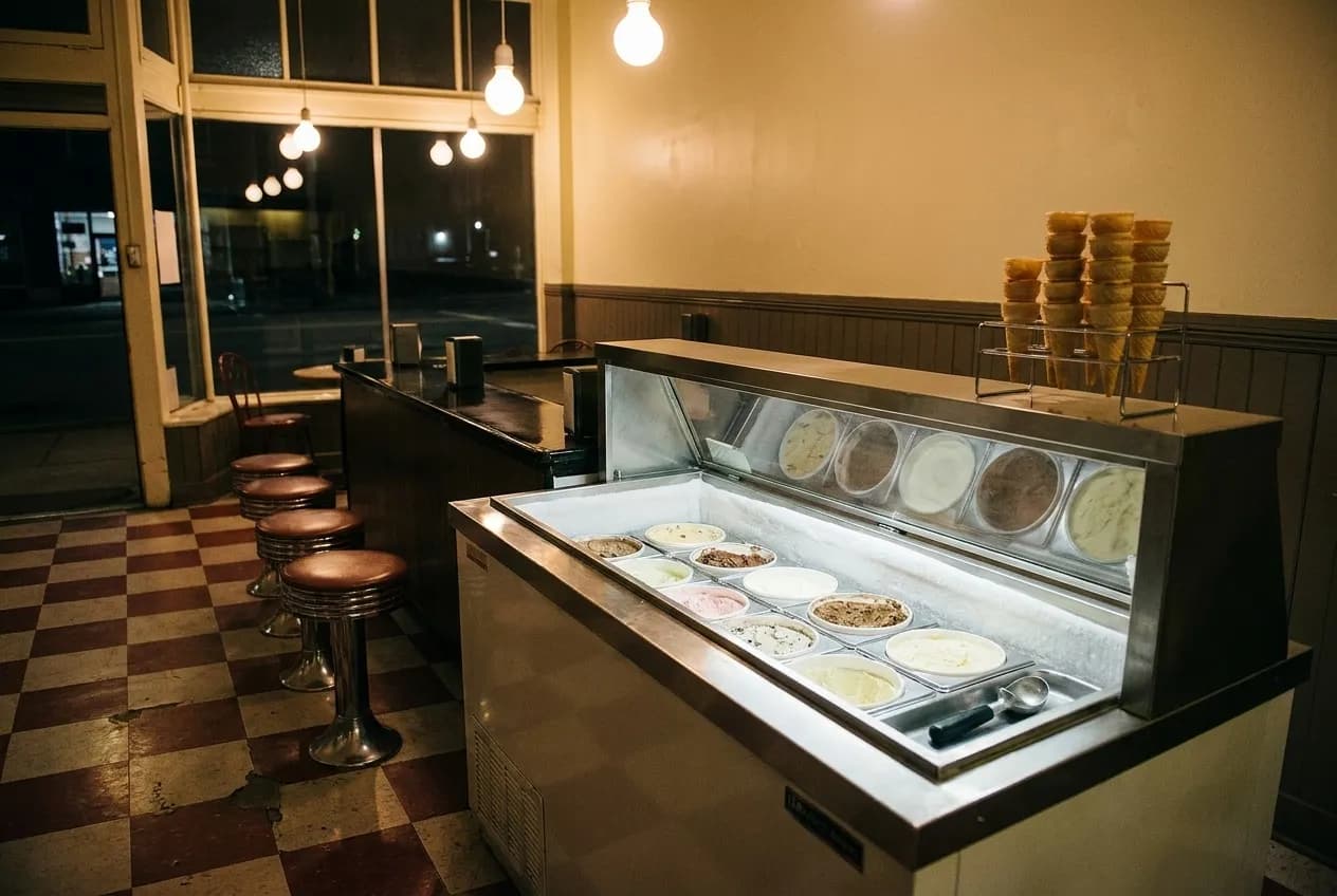 The stainless dipping cabinet and stool counter of a small old-school neighborhood ice cream parlor at night