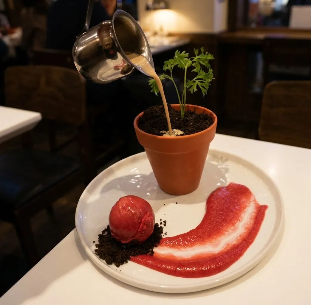 Milk tea being poured from a steel pitcher into a flower-pot dessert with sorbet on a white table at a New York dessert bar at night