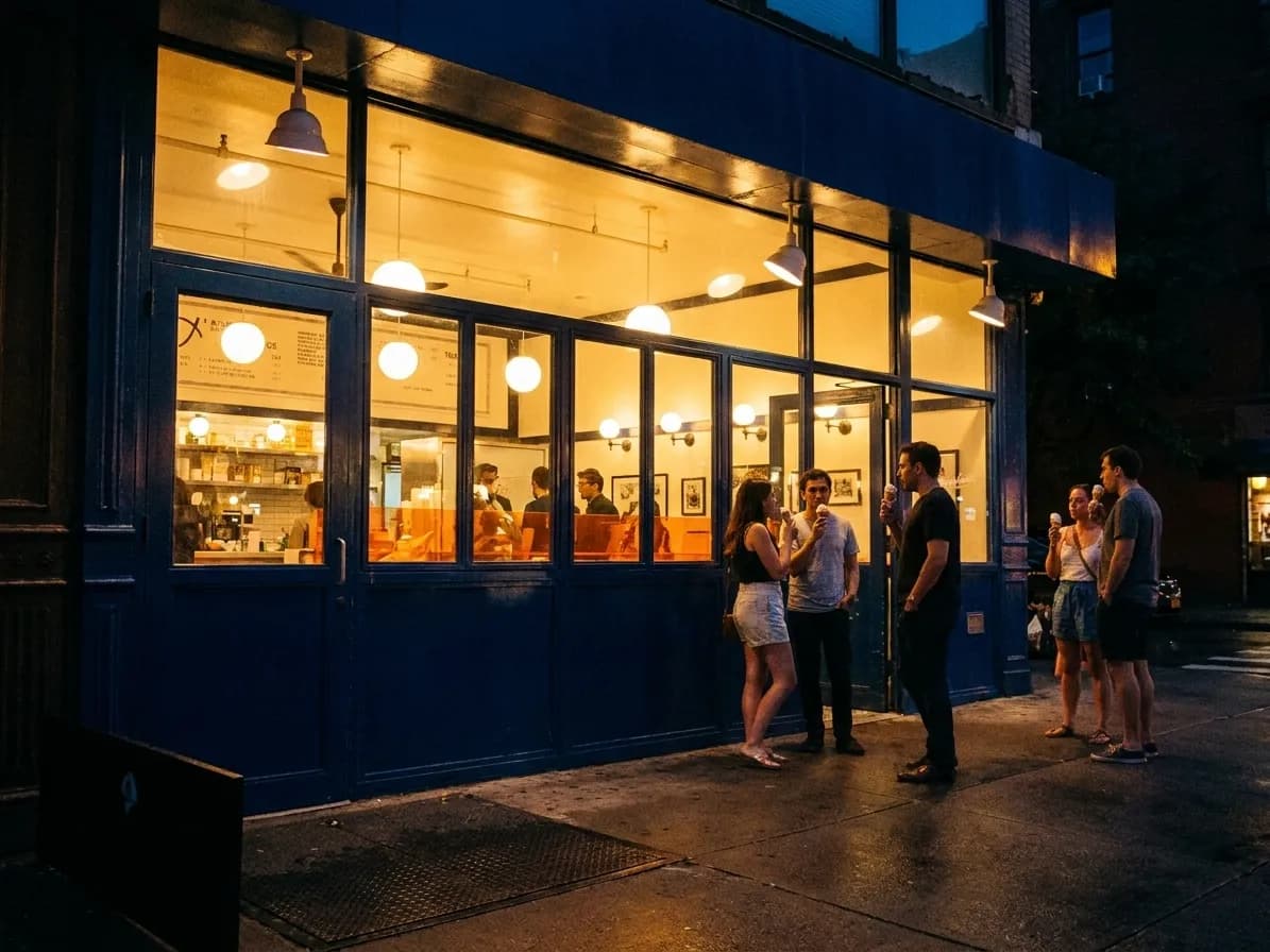 Blue-painted ice cream parlor glowing at night on a Lower East Side corner while people eat cones on the sidewalk