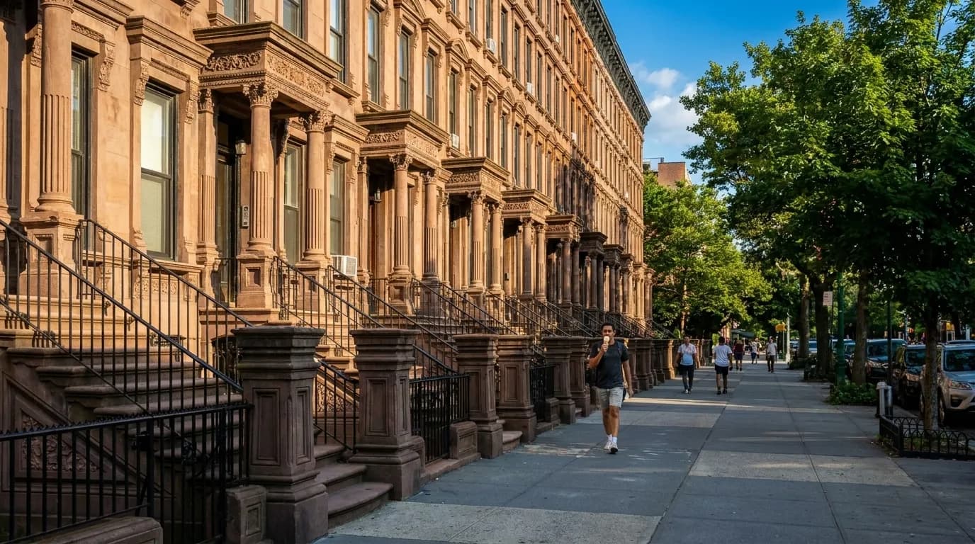 Wide view of Harlem brownstones and a sunlit sidewalk in late summer with a pedestrian carrying an ice cream cone