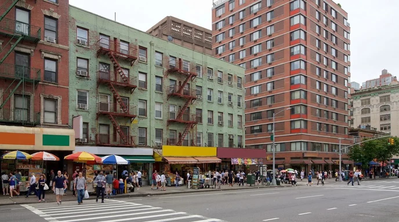 Wide view down a Chinatown avenue with green tenement facades, fire escapes, and crowded sidewalk stalls