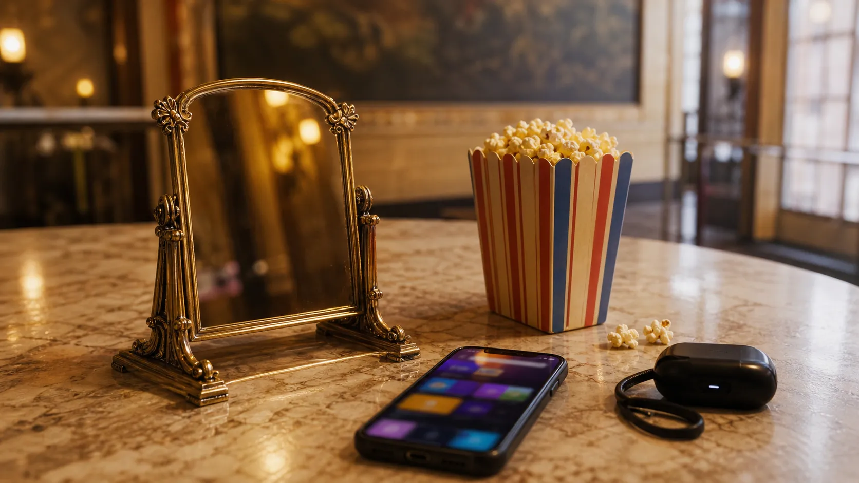 A tabletop movie-night setup with popcorn, a phone, and a captioning device.