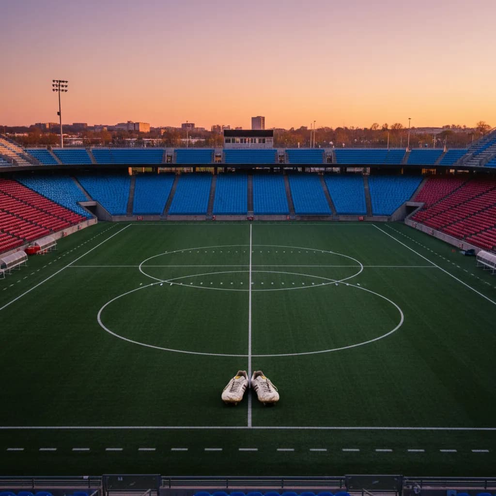 Stadium pitch at golden hour with football boots on the center spot