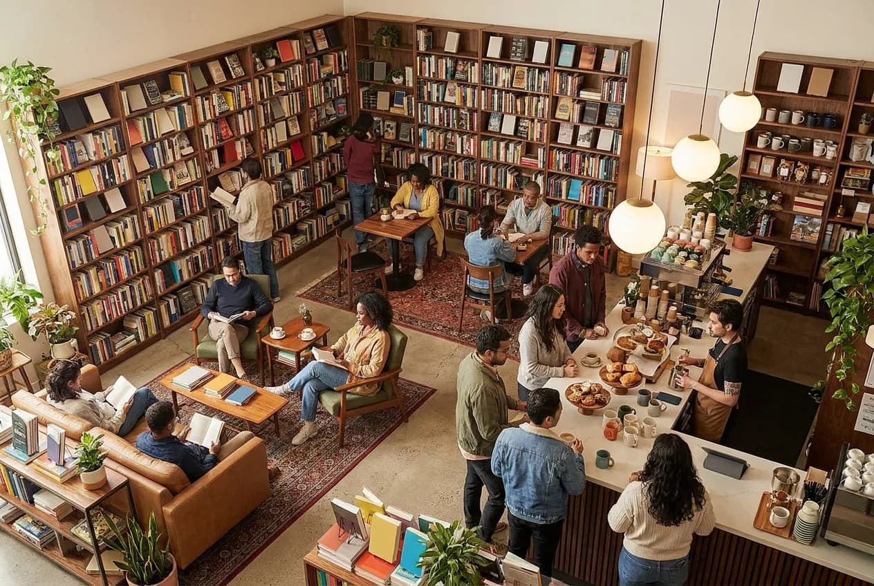 A warm, book-lined independent bookstore interior with a small cafe counter, reading nooks and people browsing shelves