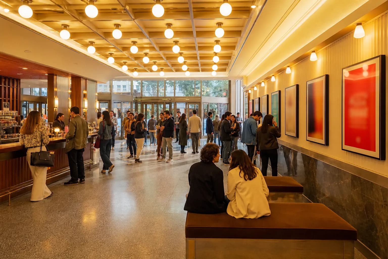 A bright refined indie cinema lobby with warm summer energy