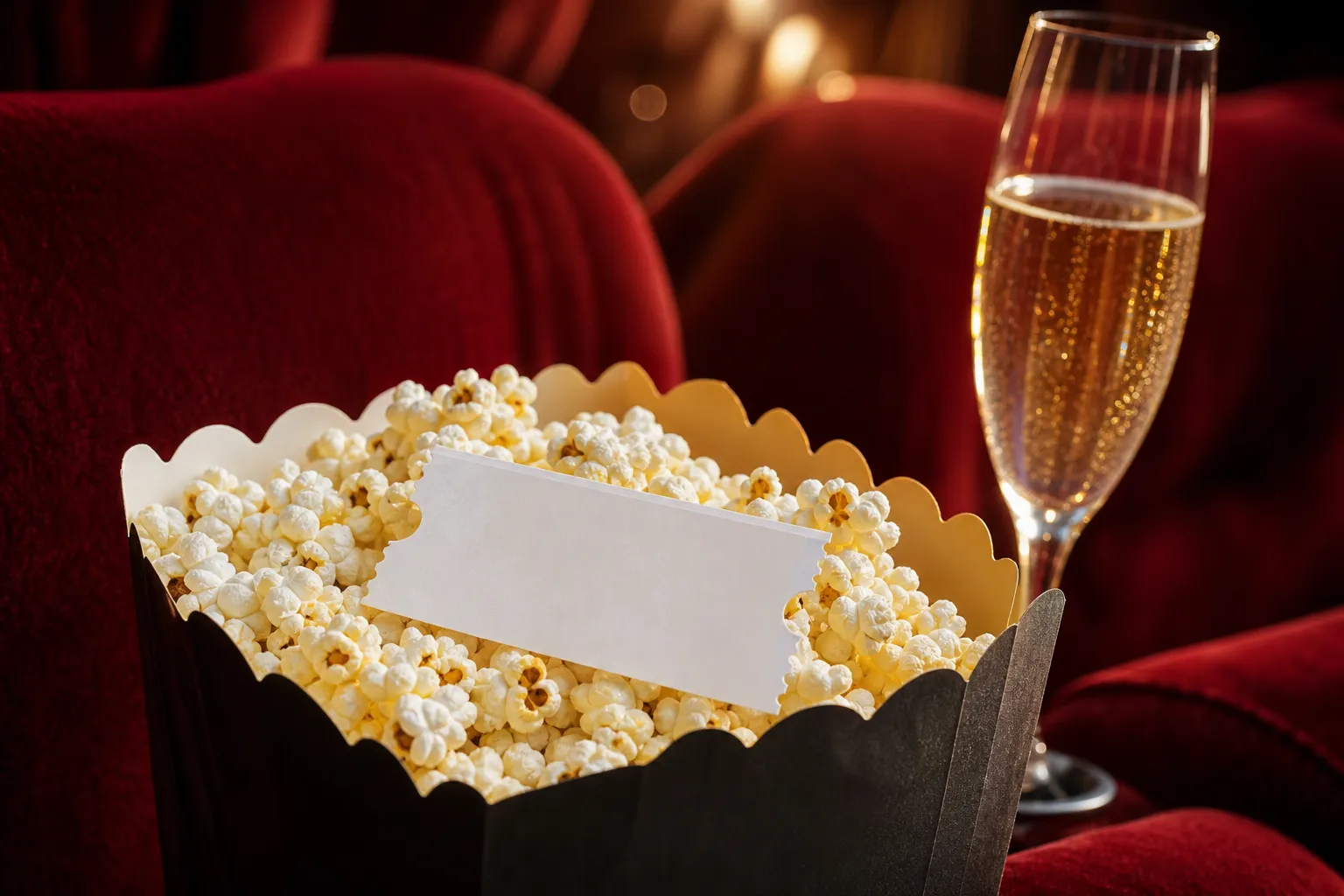 Popcorn and cinema-night details in warm light