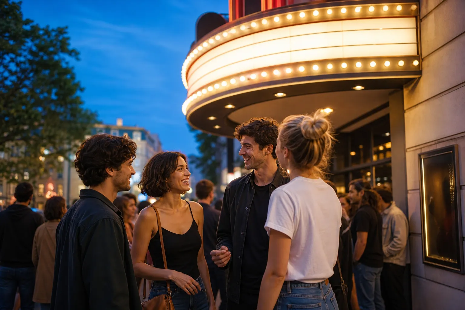 Friends outside a small cinema entrance at blue-hour