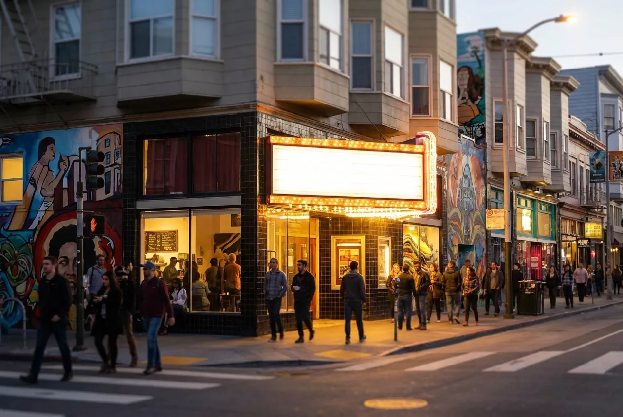 Evening view of Mission Street with theater marquee and pedestrians under streetlights