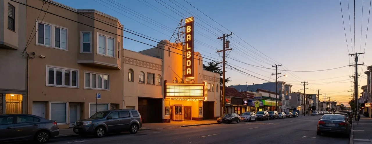 Balboa Theatre marquee at dusk in San Francisco's Outer Richmond neighborhood