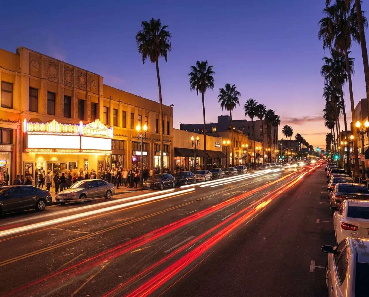 Sunset Boulevard at night with theatre marquee glow and pedestrians near cinema entrance