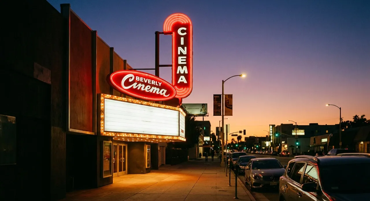 New Beverly Cinema exterior at dusk, marquee lit, sidewalk queue forming under streetlamps, Beverly Boulevard.