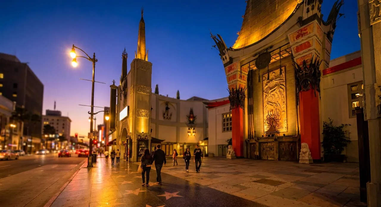 TCL Chinese Theatre facade on Hollywood Boulevard at golden hour
