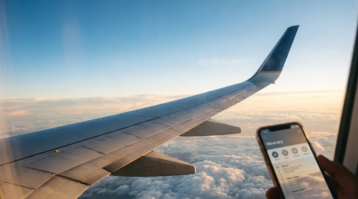 A photorealistic airplane-window scene comparing an AI trip itinerary with a proactive city sidekick