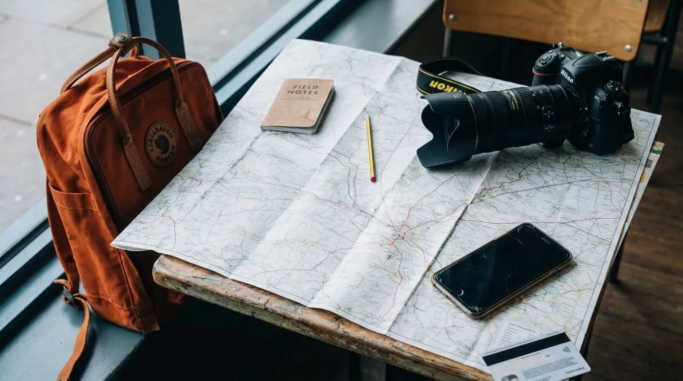 A real-world travel planning table with a paper map, camera and phone