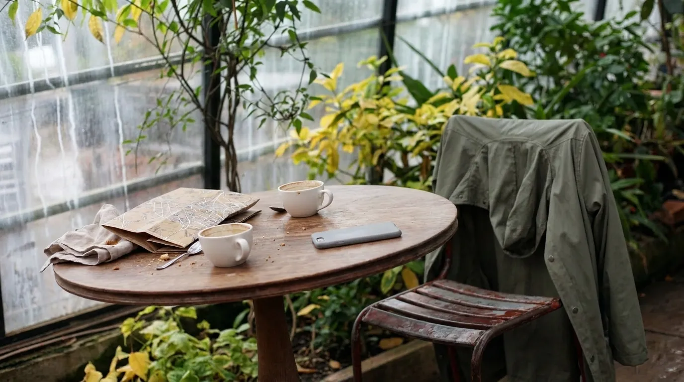 A rainy café table illustrating a city plan changing in real time