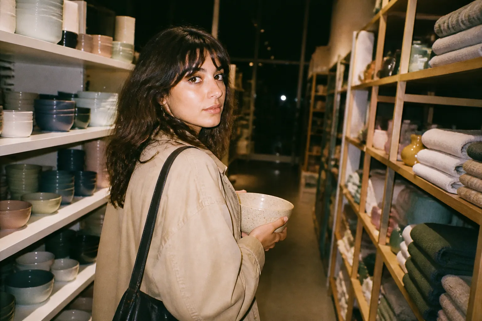A quiet retail aisle softly lit at night with empty shopping carts nearby