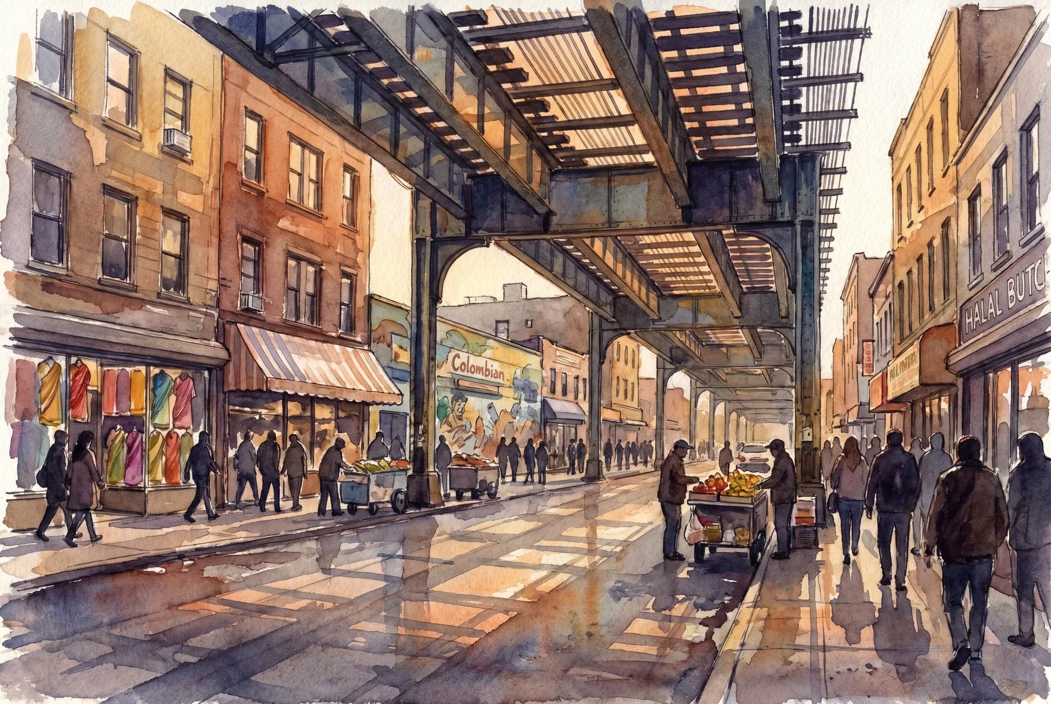 AI-generated watercolor: Roosevelt Avenue in Jackson Heights under the elevated 7 train tracks, warm late-afternoon light creating alternating bands of gold and shadow, street-level shops and pedestrian silhouettes, warm amber and cool blue-grey palette