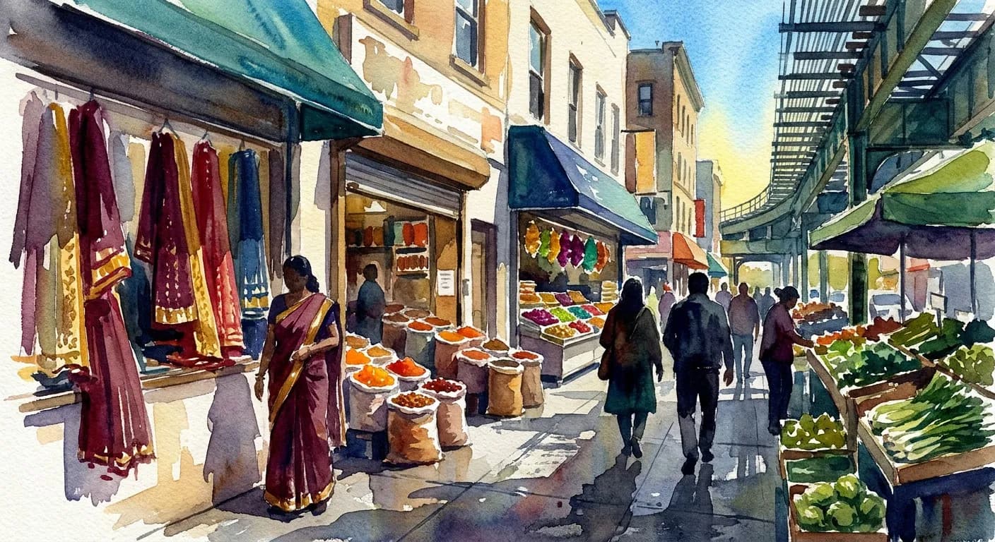 AI-generated watercolor: 74th Street Little India corridor in Jackson Heights, fabric shops with draped textiles in deep reds and golds, spice shop with open sacks at the doorway, jewel-tone wet watercolor washes on cold-press paper