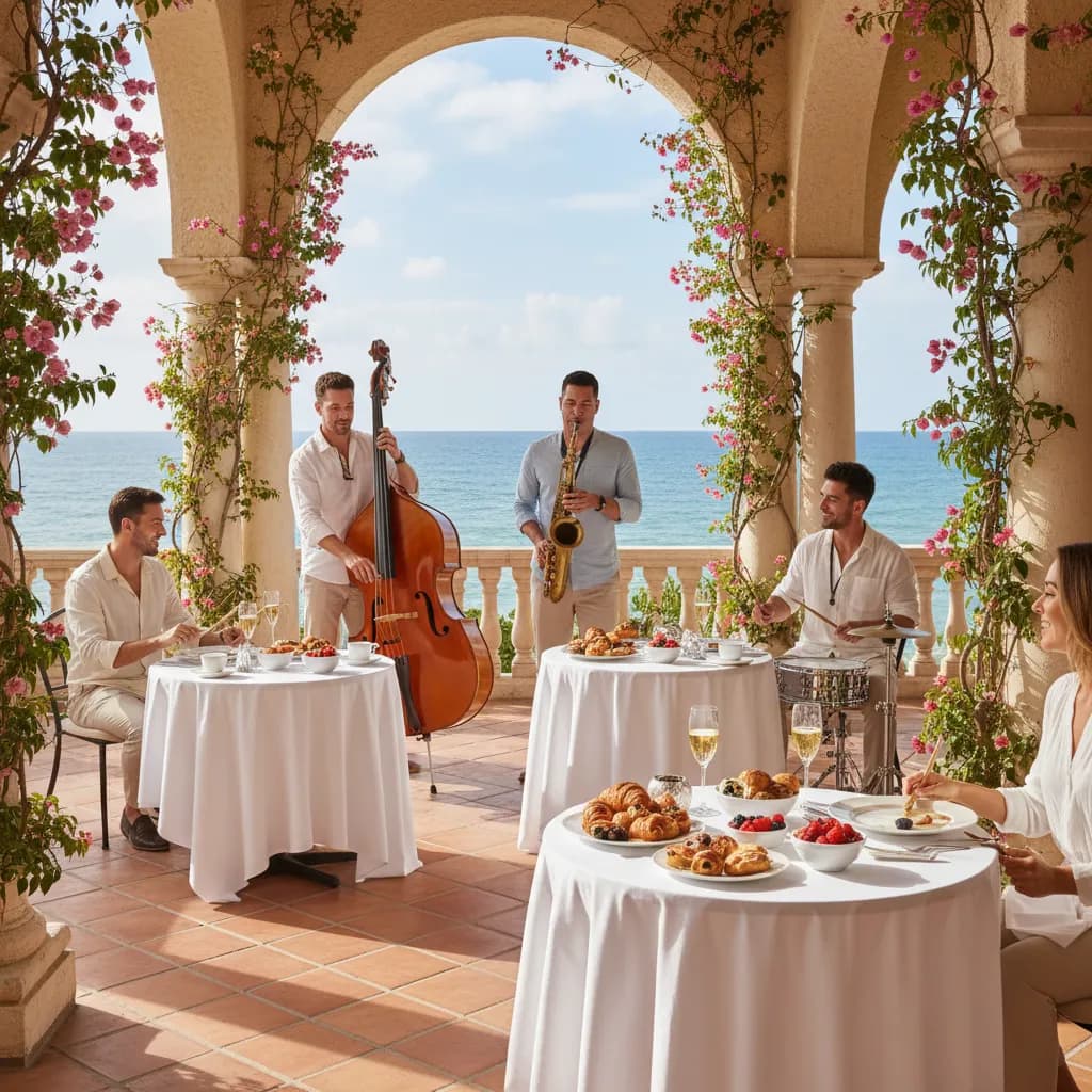Jazz trio playing beside brunch tables on a sunlit Miami restaurant terrace