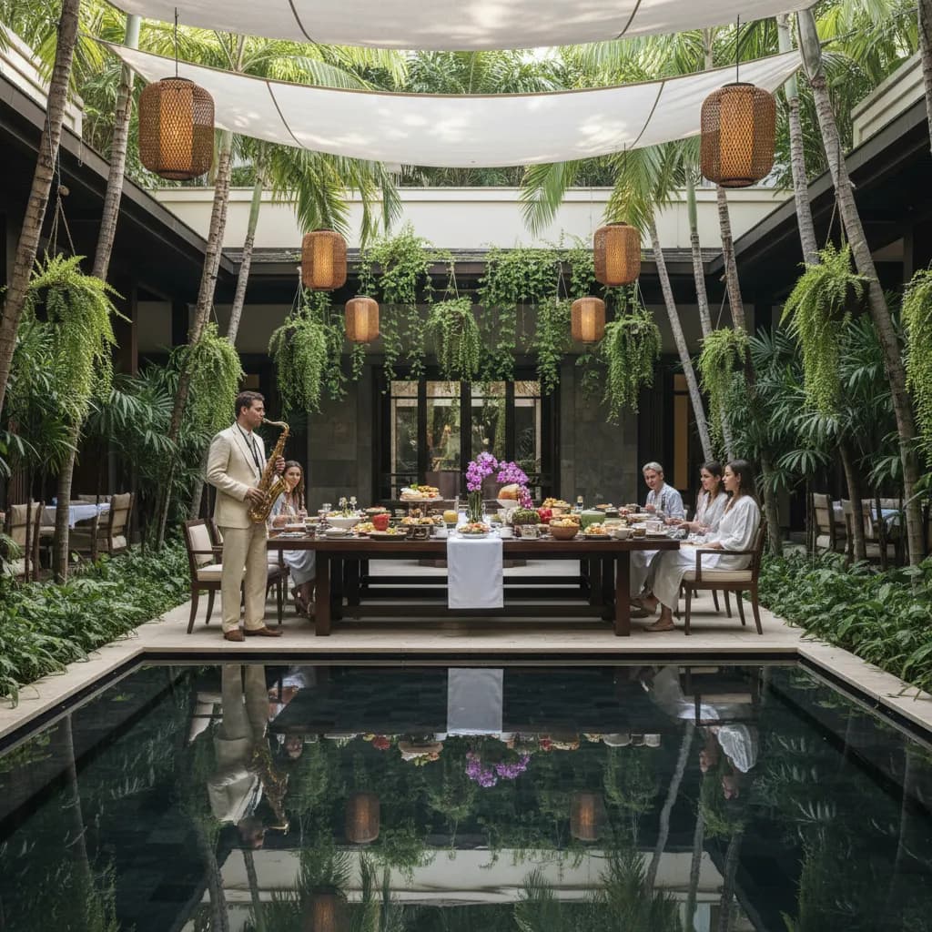 Elegant hotel courtyard brunch with a saxophonist playing near a reflecting pool