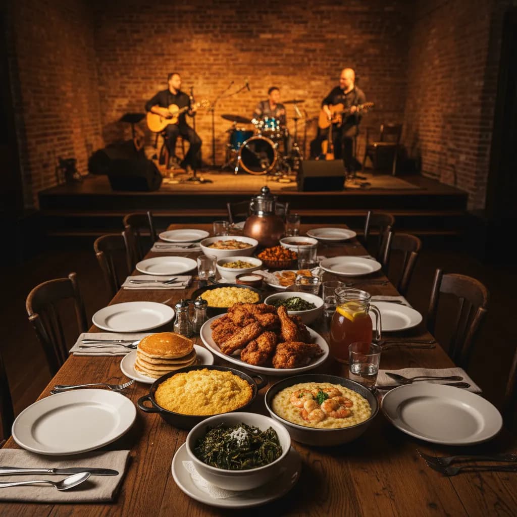Plates of Southern comfort food on a table in a historic Miami dining room with musicians in the background