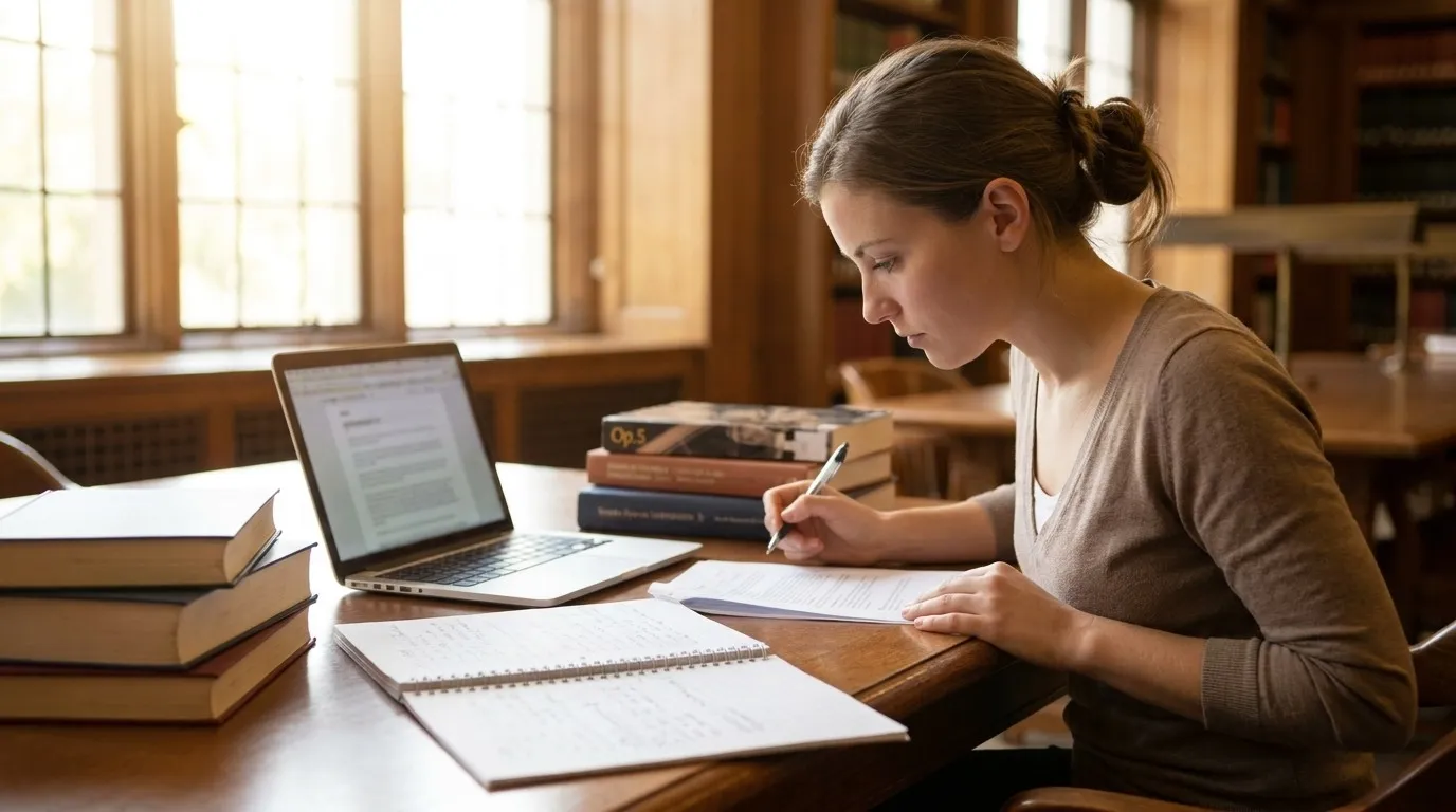 A graduate student reading papers and revising an academic draft at a realistic library desk