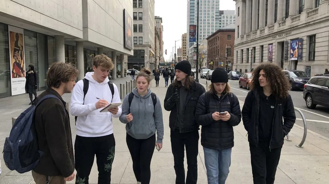 Students following a compact museum and library route in a real city during a research trip
