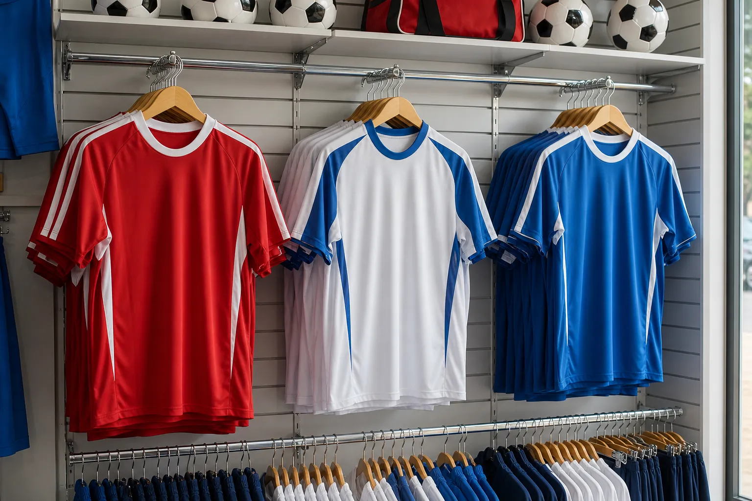 Bright realistic sports shirt rack without logos