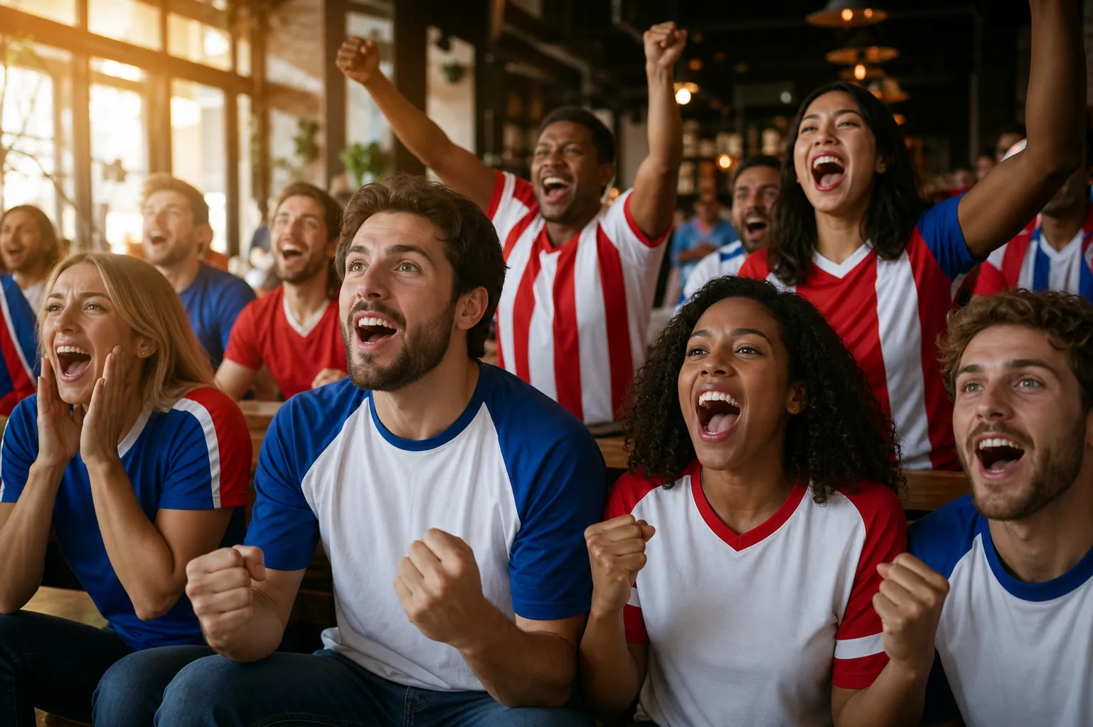 Bright realistic public watch party with USA jerseys