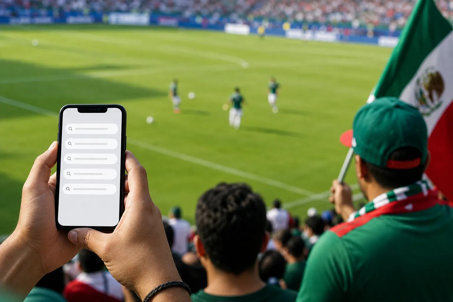 Bright Mexico fan watch party with people comparing player roles on phones