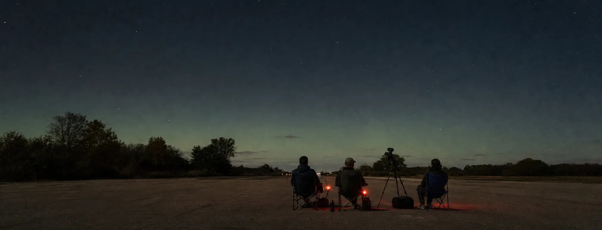Three NYC skywatchers using red lights and a tripod beneath a faint northern glow