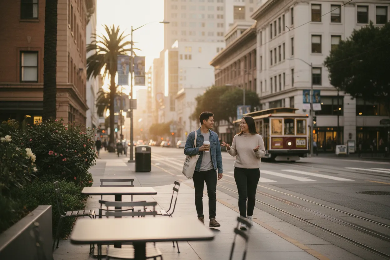 Practical city scene for San Francisco Coffee Shop Guide for Meeting Friends Outside Work