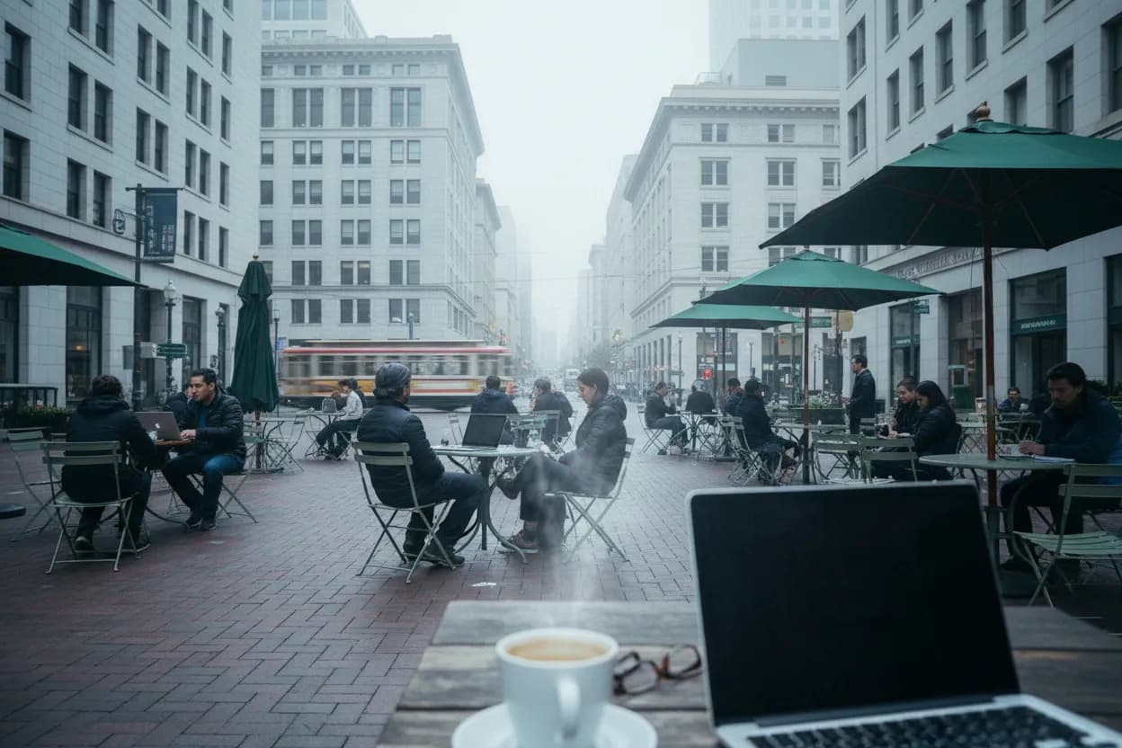 Realistic San Francisco scene for SF Starbucks Near Me for Laptop-Friendly Work Mornings