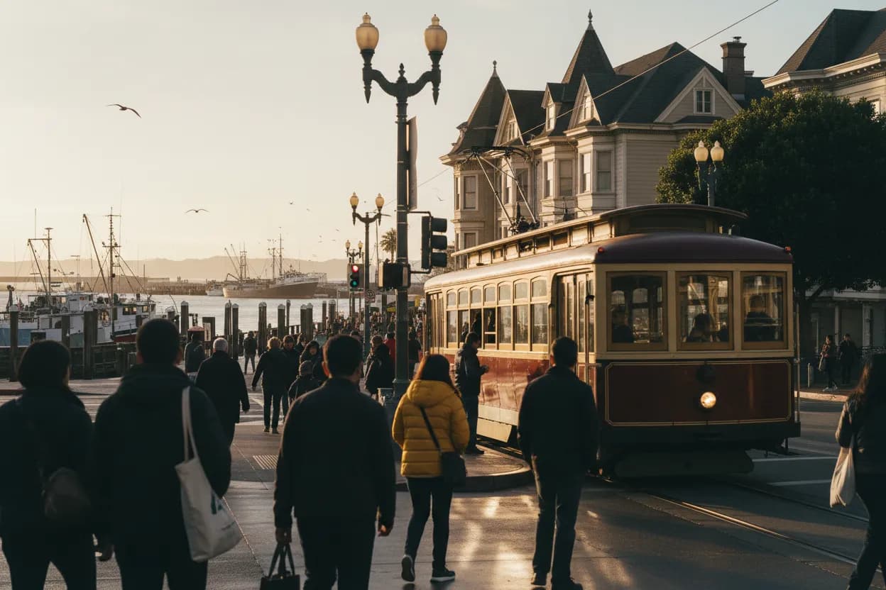 Realistic San Francisco scene for SF Seafood Near Me for Wharf and Neighborhood Meals
