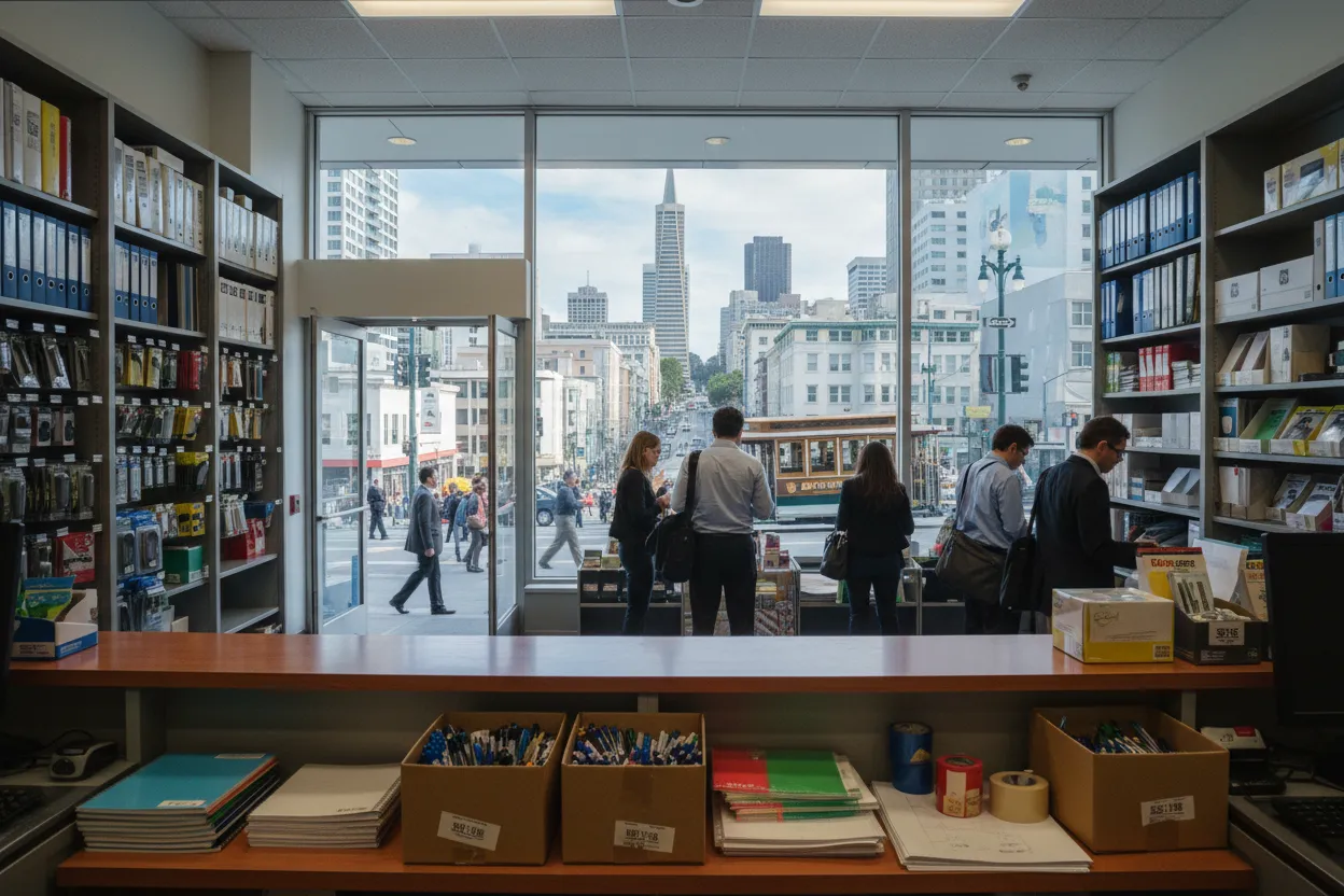 Realistic San Francisco scene for San Francisco Office Depot Guide for Work Supplies Fast
