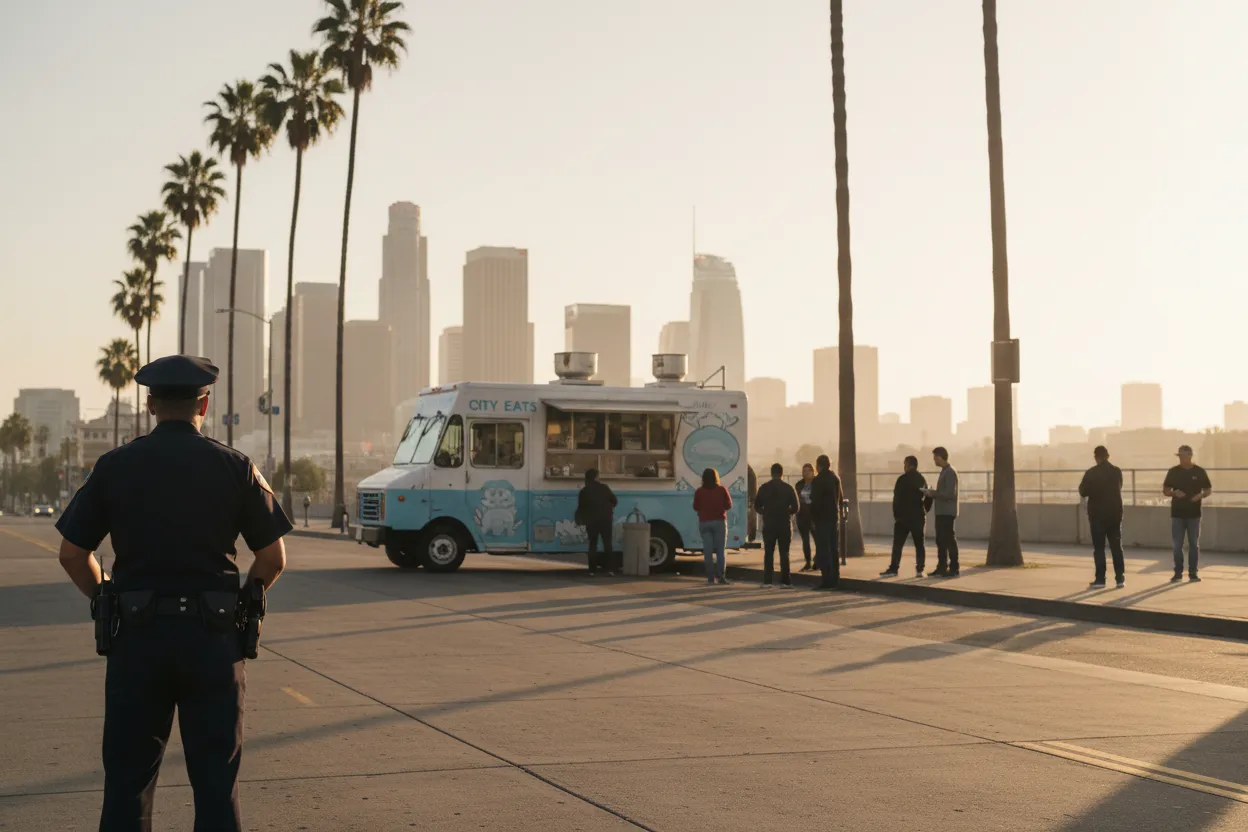Realistic city scene for police officer: A Practical Los Angeles Market Meal Guide