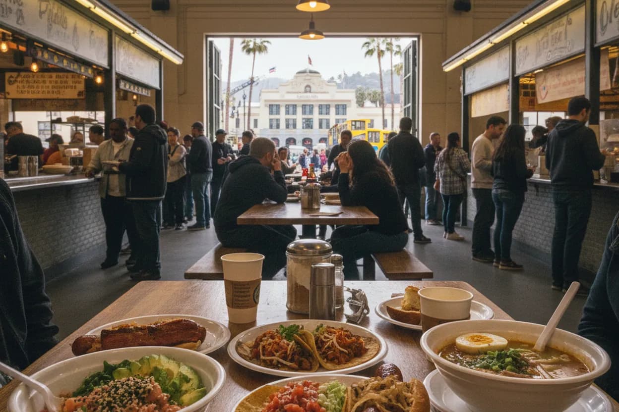 Realistic city scene for Bobby Flay: Los Angeles Food Halls for Curious Diners