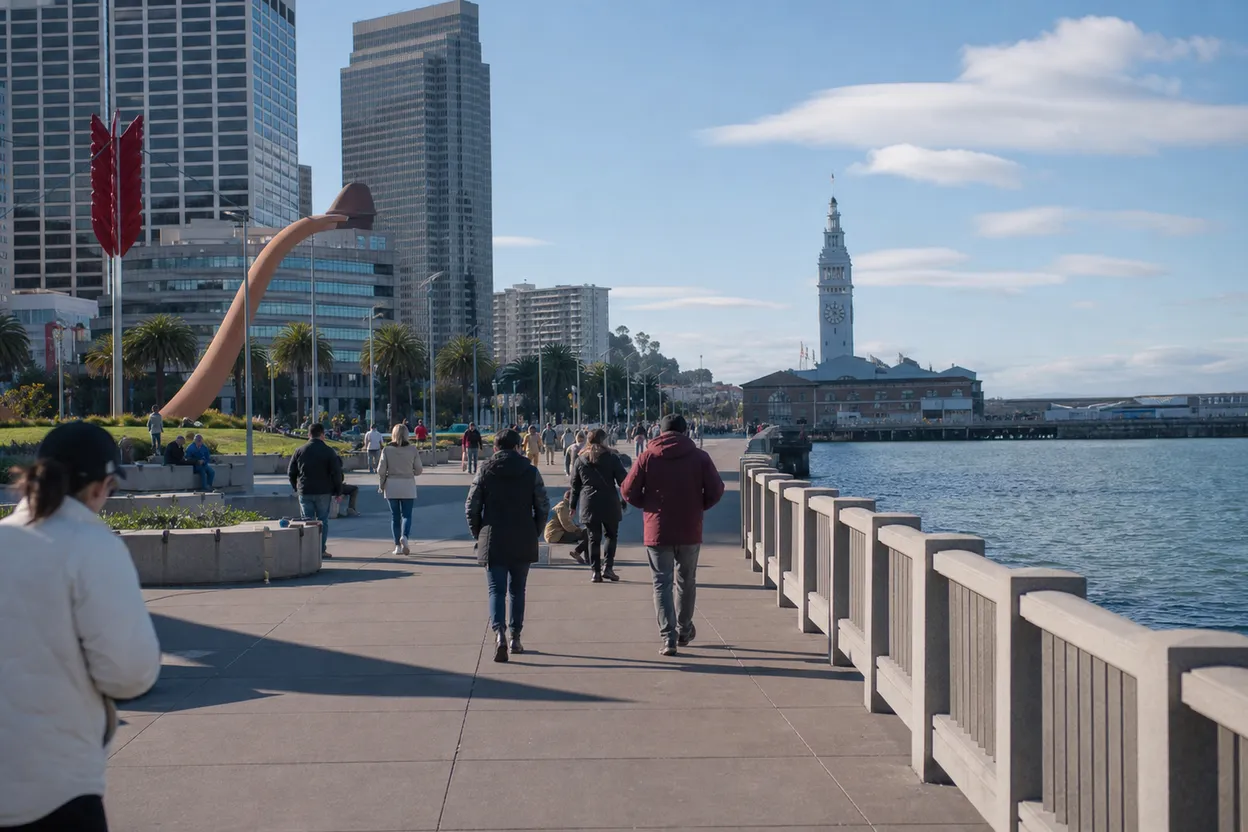 San Francisco experience scene for minnie driver in San Francisco: Ferry Building to North Beach walk