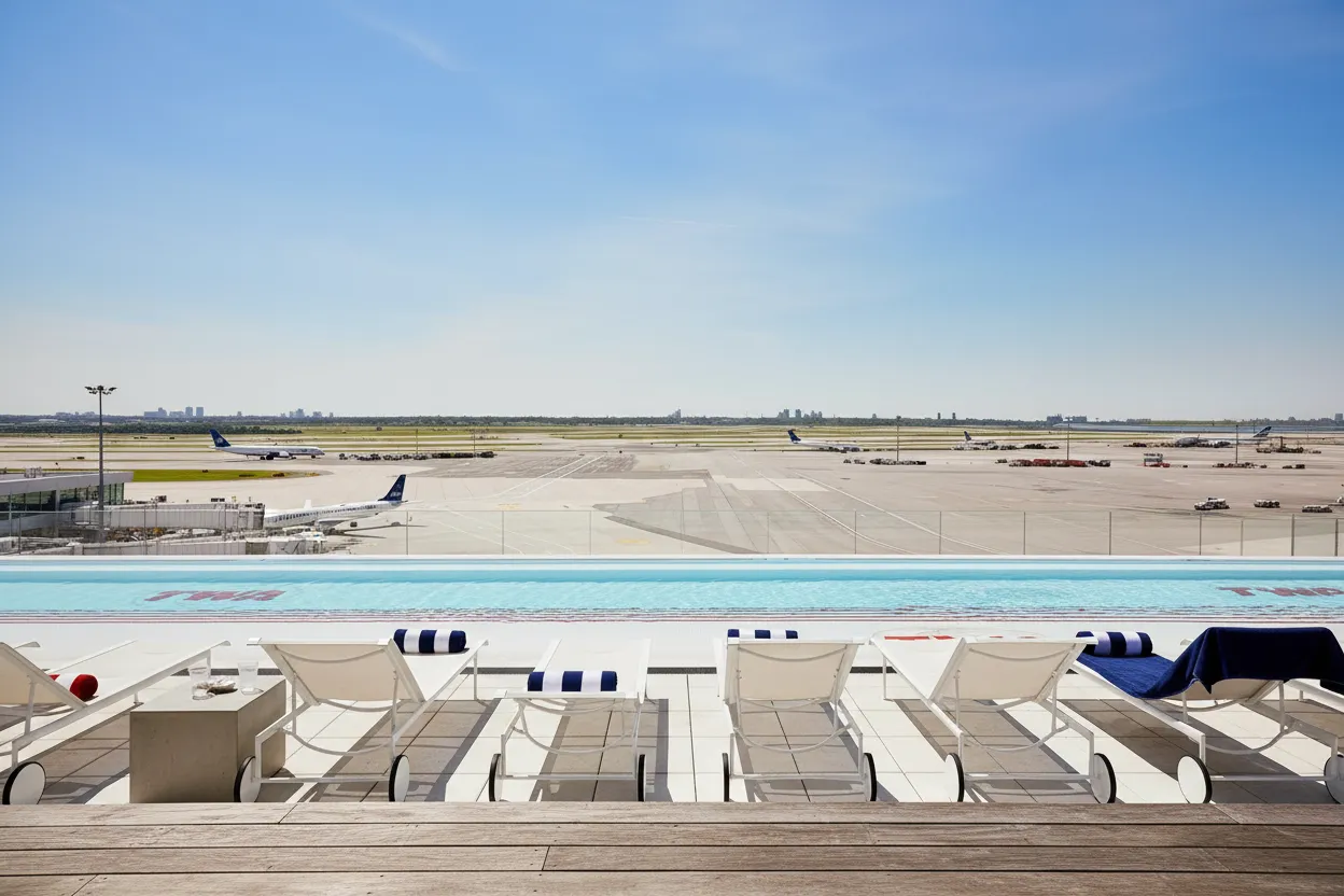 Cover scene for The TWA Hotel Pool Bar for a Plane-Spotting Night Before a Red-Eye