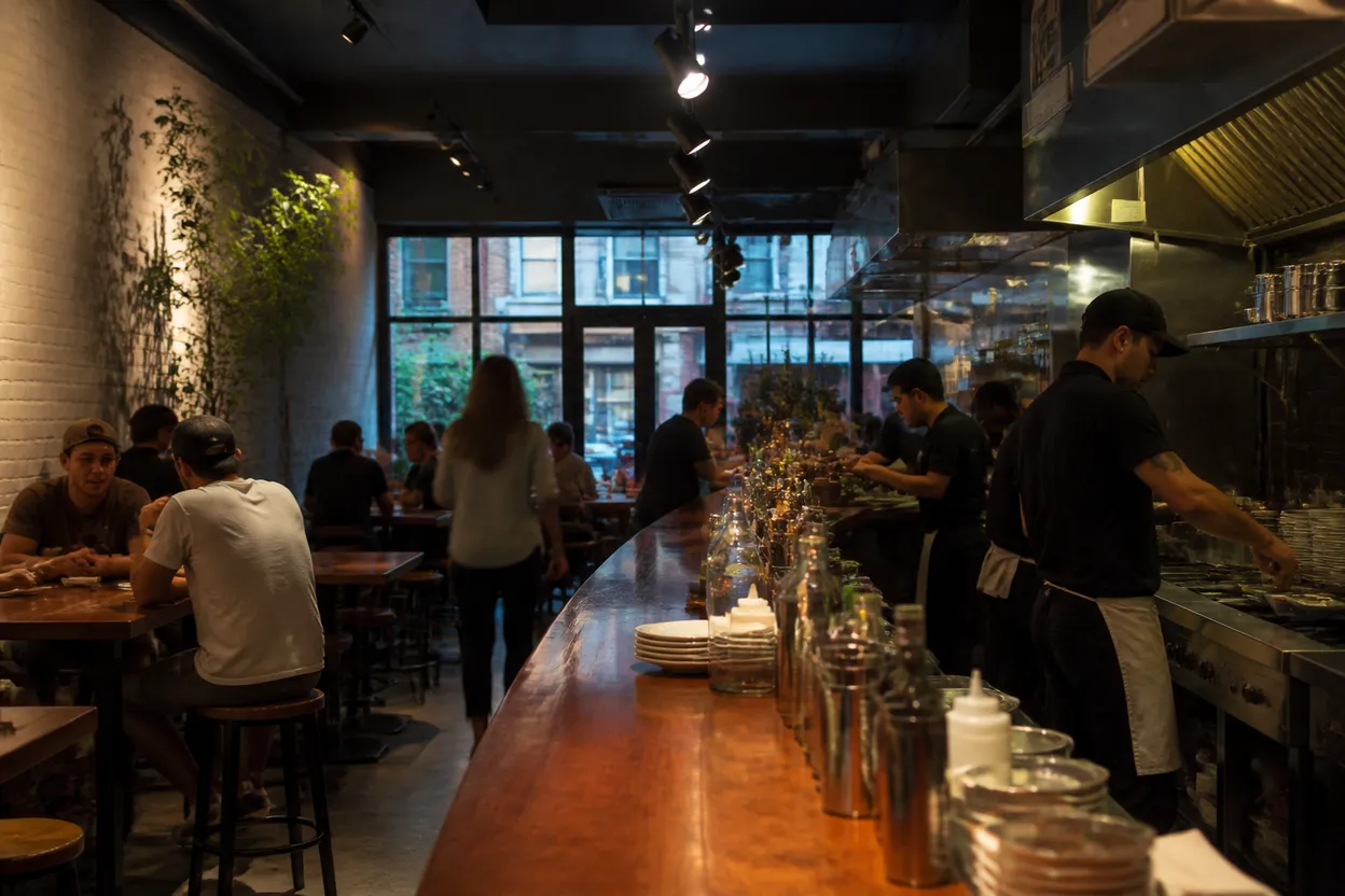 Realistic city scene for restaurant chain: Where NYC Groups Can Eat Smoothly