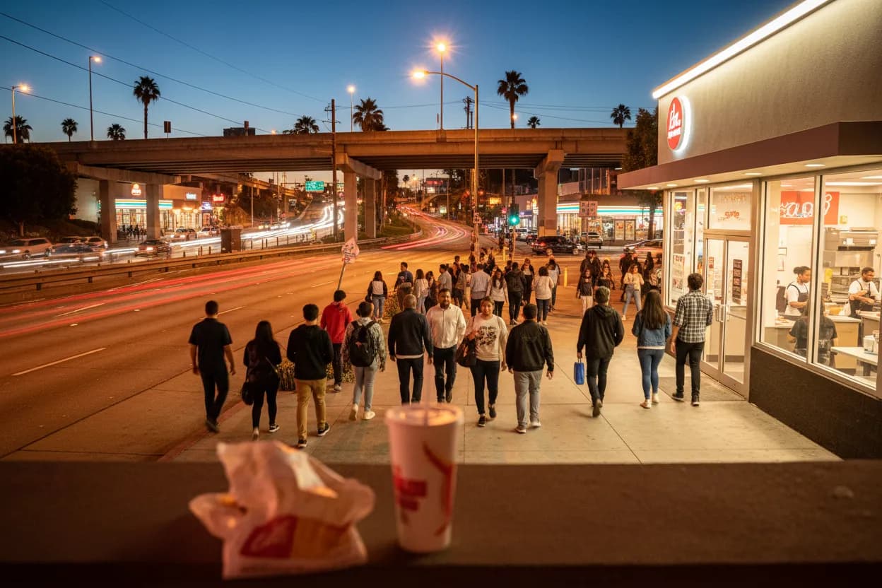 Realistic Los Angeles scene for LA Fast Food Near Me Along Major Freeways
