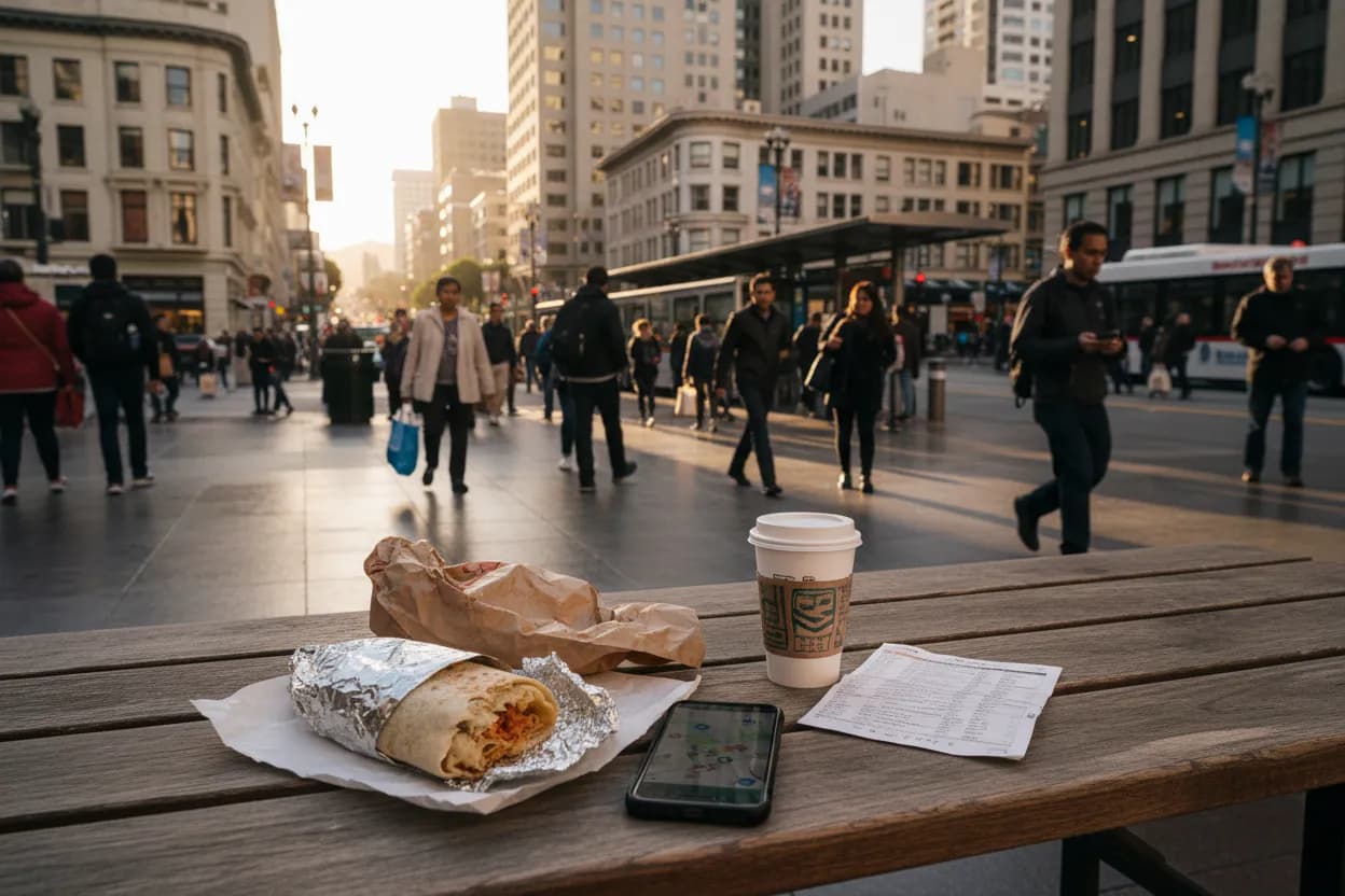 Realistic San Francisco scene for SF Fast Food Near Me Around Transit Stops