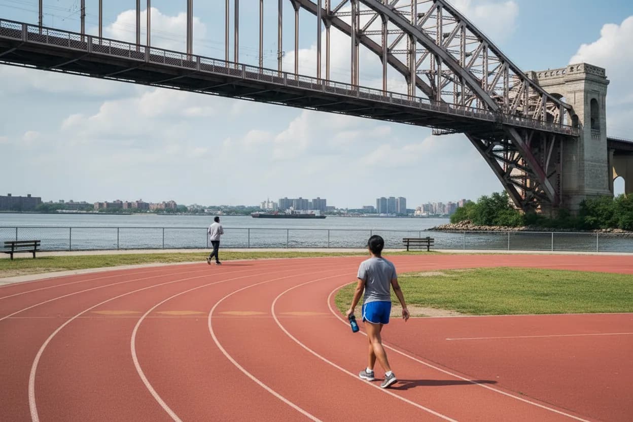 NYC experience scene for Astoria Park Track Under the Bridge: A Queens Walk-Run Plan for Nervous Starters